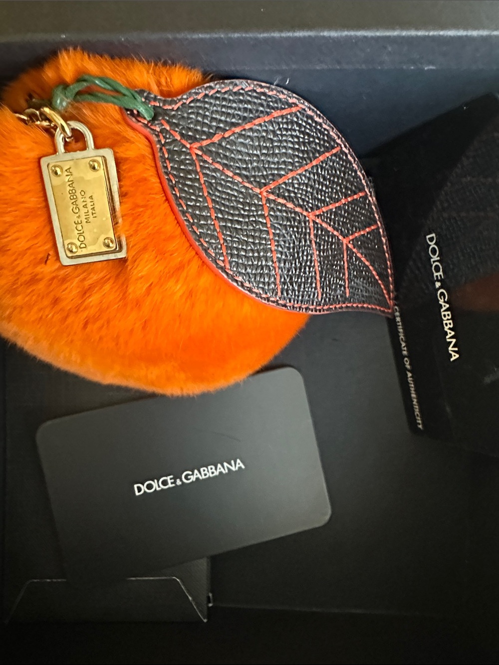 Dolce & Gabbana Bright Orange Fur Pom with Gold Hardware and Leaf Charm - Picture 2 of 8